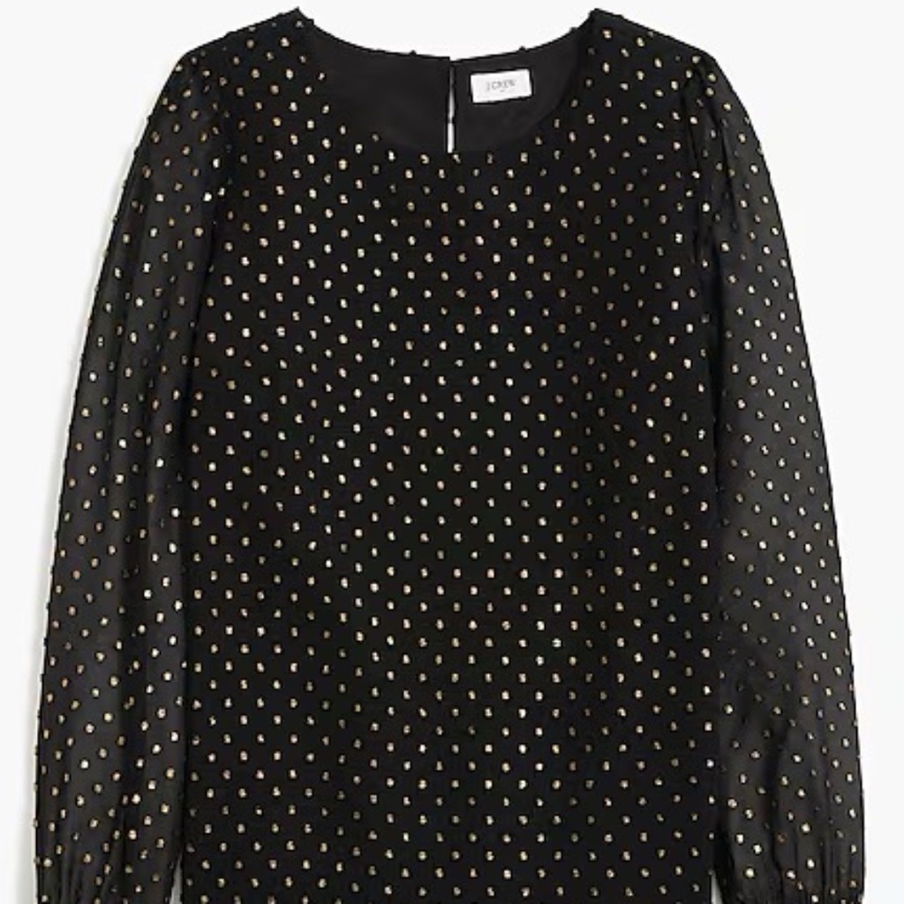 J.Crew Factory Gold Clip Dot Sheer Sleeve Blouse Black L EUC